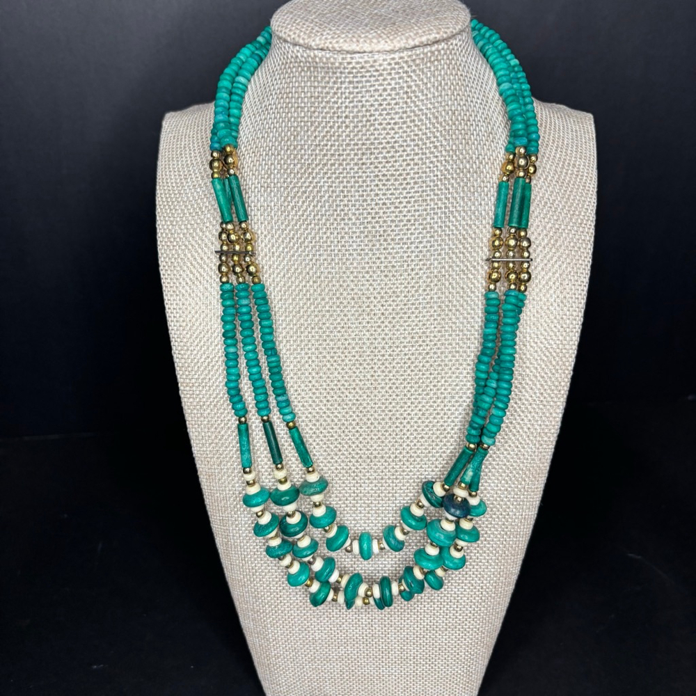 Vtg BOHO 3 Strand Turquoise White and Gold bead necklace